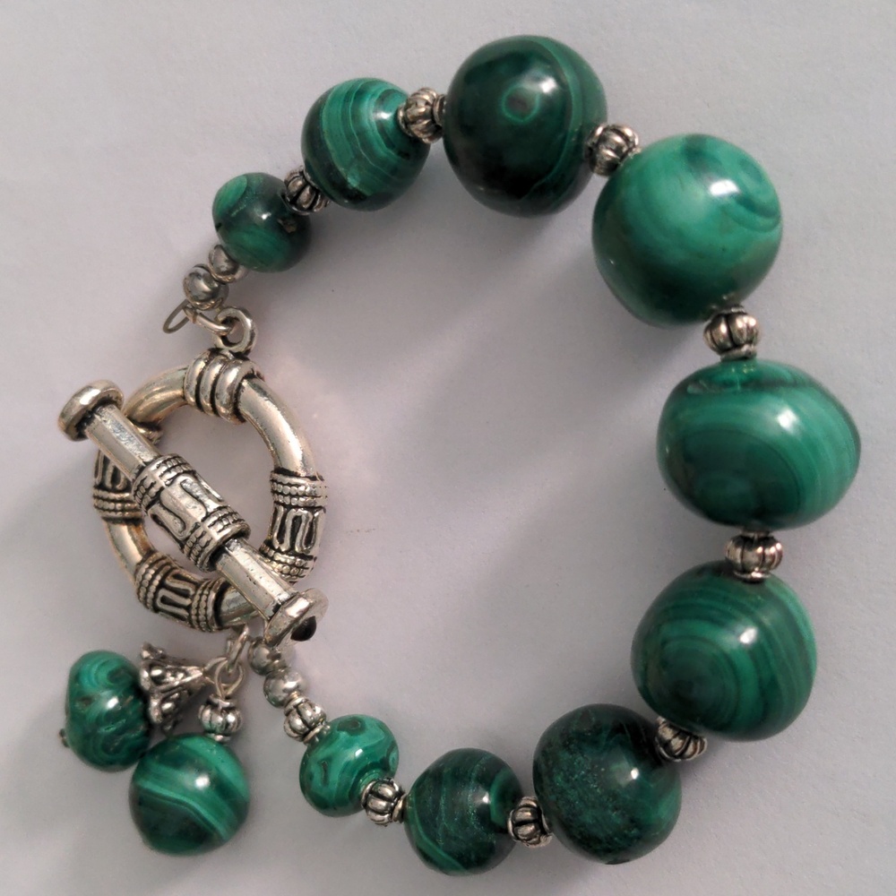 Genuine Malachite Gemstone Beaded Bracelet, Bali Clasp, New, 7 1/2", Boho, Green